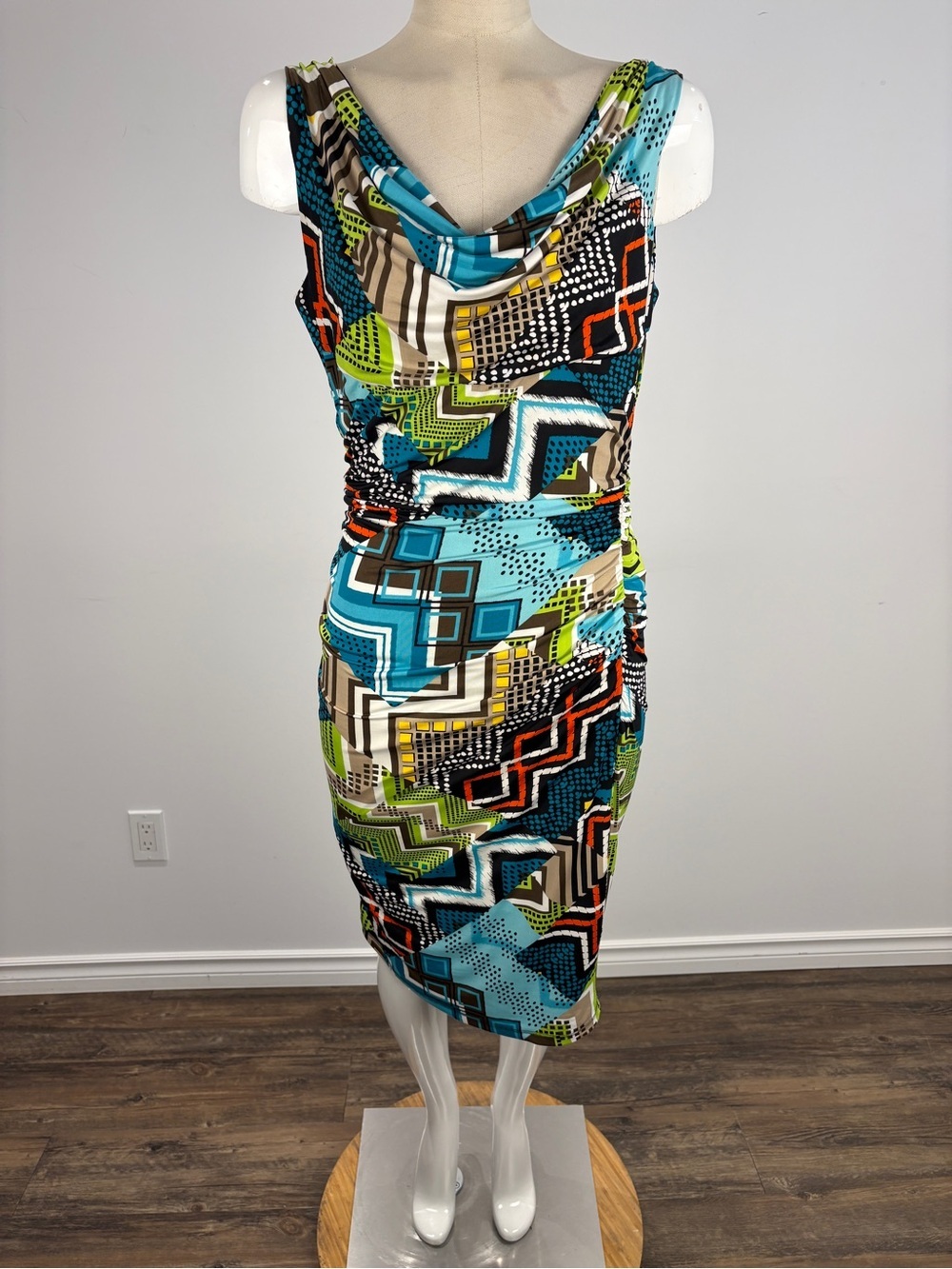 Frank Lyman Design Teal, Lime and Black Geometric Midi Dress 8